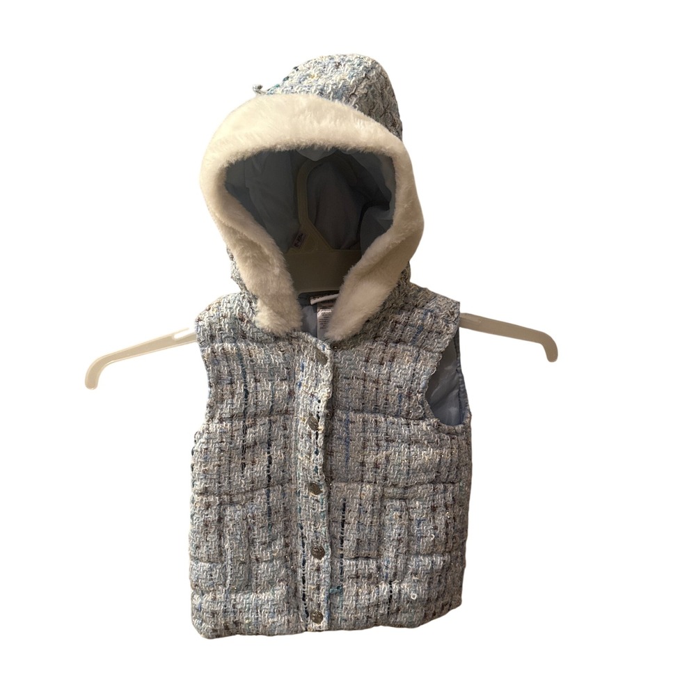 Nicole Miller New York Toddler Girls Blue Tweed Puffer Vest Faux Fur Hood 3T